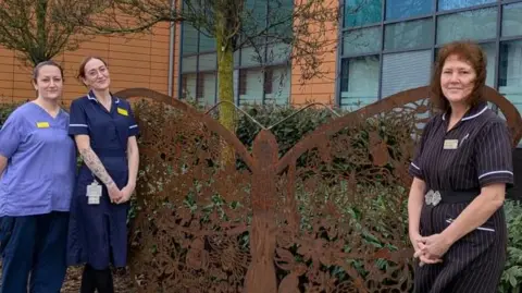 NHS North West Anglia The large metal butterfly sculpture is a rusted colour. A woman stands to the right of it and two other women stand to the left. They are wearing hospital scrubs or uniforms.