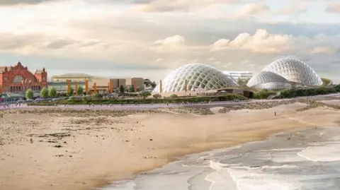 Eden Project Morecambe Artist impression of the Eden Project in Morecambe, showing the beach and sea overlooked by three large glass-domed pavilions shaped like shells