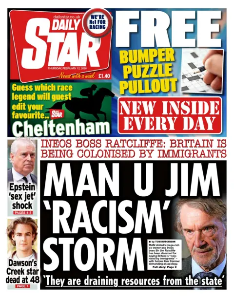 "Man U Jim 'racism' storm" reads the headline on the front page of the Daily Star.
