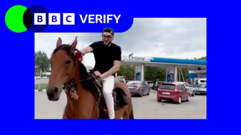 A graphical composite showing a Russian man riding a horse next to the BBC Verify logo.