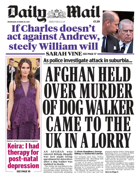 "Afghan held over murder of dog walker came to the UK in a lorry" reads the headline on the front page of The Daily Mail.