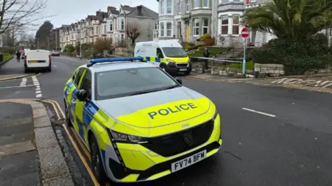 A police car and police forensics van are parked on Lipson Road in Plymouth while an investigation takes place. A cordon with police tape and a police officer has been set up outside a home on the road.