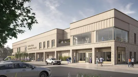 An artist's visualisation of the two-storey grey brick building with large windows. A sign on the front reads Shotley Bridge Community Hospital.