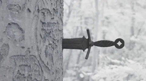 A sword hilt and the base of the blade can be seen protruding from the trunk of a tree which has carvings on it. The hilt has a diagonal line pattern and the pommel has a hole through the middle of it.