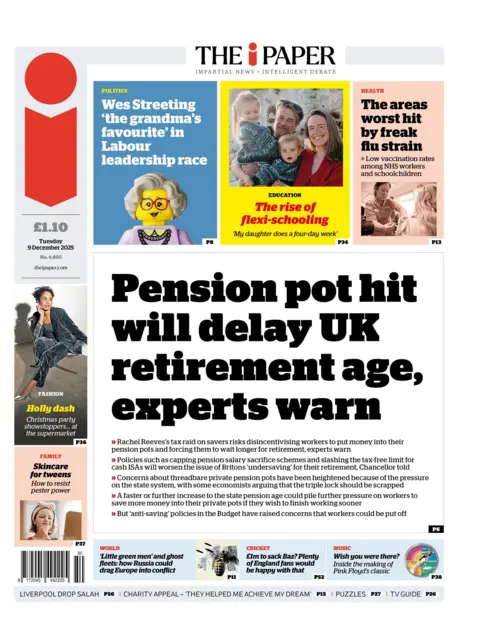 "Pension pot hit will delay UK retirement age, experts warn", reads the headline on the front page of the i Paper.