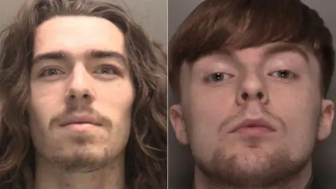 Merseyside Police A composite showing police mugshots of Connor Chapman, who has long wavy brown hair and smirks at the camera, and Thomas Waring, who has reddish brown hair swept to one side and who looks into the camera with a blank expression