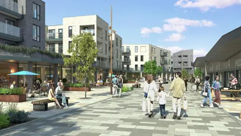 An artist's impression of how Skelmersdale could look showing a wide pedestrianised high street with people walking down it ad a row of glass-fronted shops and cafes to the left with taller buildings behind them