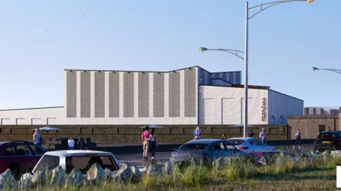 North Somerset Council/KTA Architects Artist's impression of the new Tropicana building. There are several cars in front of it. It is a bricked and quite modern design with the name Tropicana on the side of it.