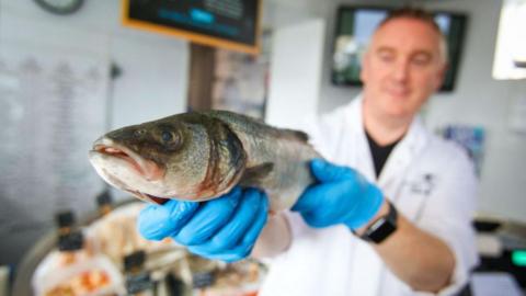 Fishmonger Michael O'Donnell poses for a photograph with some of his fish stock in Killybegs