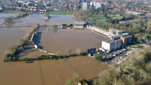 Aerial shot of the flooded New Road cricket ground 