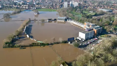 Aerial shot of the flooded New Road cricket ground 