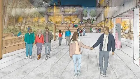 Drawing of a vision of the project, featuring couples and groups of people on a pavement with modern buildings either side and beyond. There are steps in the distance up to an upper level of buildings. The building to the right of the picture has white pillars.