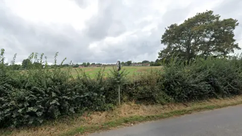 A general view picture of a country lane, with a hedgerow ahead and behind it grass and, further away, other houses.