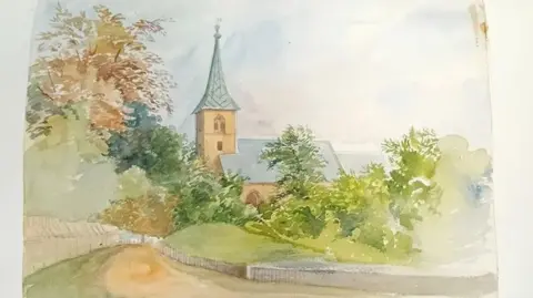 Louth Museum A colour drawing of a church a road in the foreground, grass, trees and bushes.