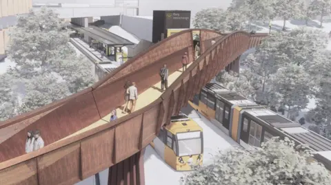 An artist's computer-generated impression of how the new Bury Interchange might look, with a footbridge over tramlines at a station, with trams waiting for passengers.
