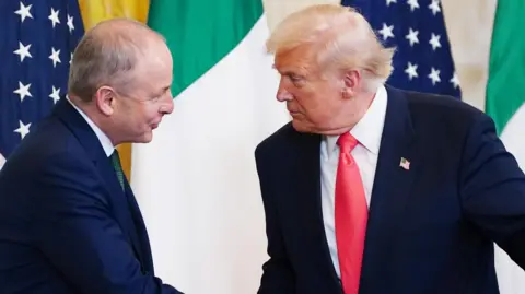 EPA Micheál Martin shakes hands with Donald Trump. Martin wears a navy suit over a white shirt and a green tie. Trump wears a navy suit over a white shirt and a red tie. An Irish tricolour flag and the the flag of the United States are behind them.