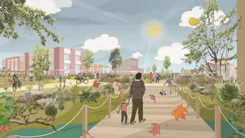 Haworth Tompkins A busy outdoor scene showing people walking, cycling and gathering around landscaped green spaces near modern school buildings.