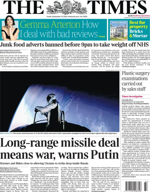 The Times headline reads: Long-range missile deal means war, warns Putin