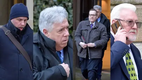 The image shows four men in separate photos outside a stone court building, dressed in dark outdoor clothing, with one wearing glasses, one a knit hat, and one speaking on a mobile phone.