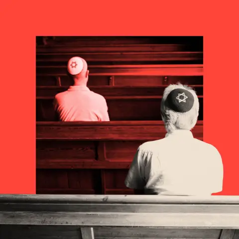 BBC A treated image of two Jewish men sitting together inside a synagogue