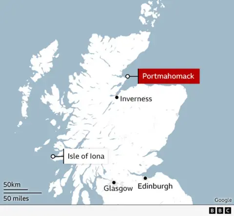 A map of Scotland showing the locations of Portmahomack, Inverness, Iona, Glasgow and Edinburgh.