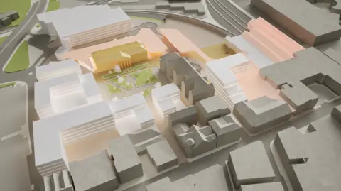 A mock up of how the Station Quarter could look. The modelling shows blocks of buildings and a green space in front of Inverness Library.