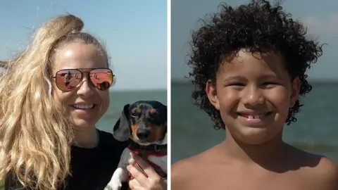Kevin Church/BBC News Split screen showing a woman holding a small dog, and a young man with the beach behind him.