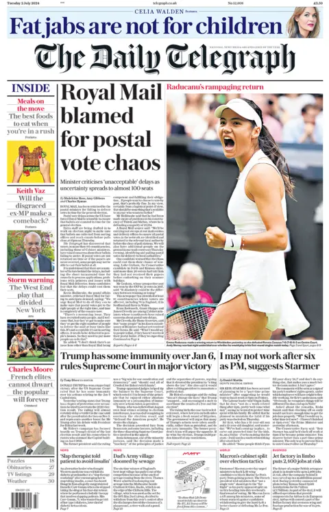 The headline in the Telegraph reads: "Royal Mail blamed for postal vote chaos". 