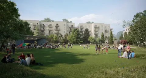 Depiction of the planned flats with a green meadow in front of it with people sitting and playing.
