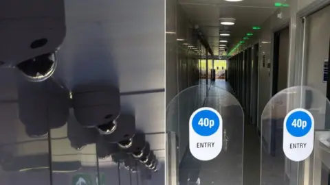 Two images side-by-side show a bank of bubble-style CCTV cameras on a ceiling pointing downward. In a wide angle of the same shot, they are seen to be designed to point at each toilet door. The entrance can be sign where a sign tells you you need to pay 40 pence for entry.