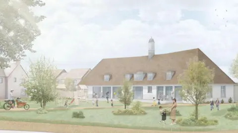 Image of what the proposed 'Kinder Cafe' in the converted pavilion at the Darwin Green development could look like. It is surrounded by houses and in front of it is a green space where families are playing.