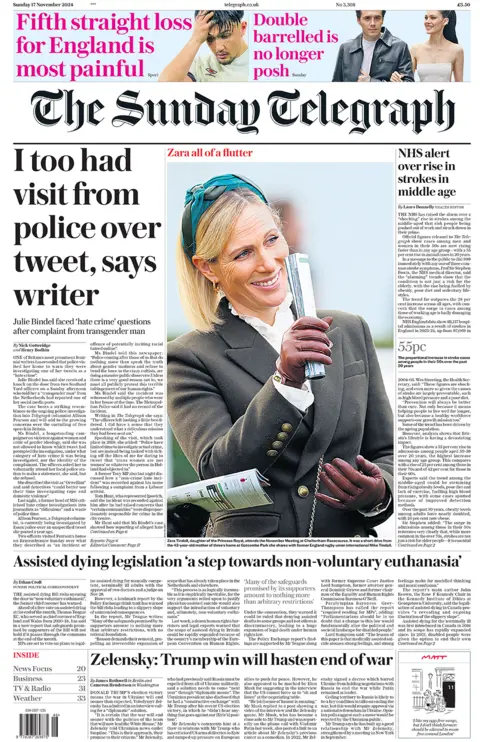 "I too had visit from police over tweet" headlines the Sunday Telegraph as it reports writer Julie Bindel was visited by officers after a transgender man in the Netherlands reported one of her social media posts. The Metropolitan Police told the paper it had no record of the incident. Elsewhere, Zara Tindall, daughter of the Princess Royal, is pictured as she attends Cheltenham racecourse. 