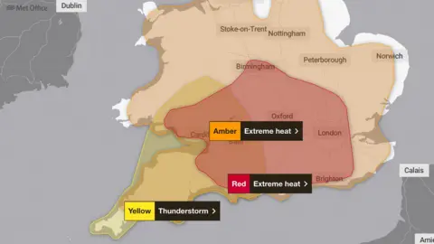 Met Office A map of Wales covered in an orange weather warning. South east Wales is also covered by a red weather warning. 