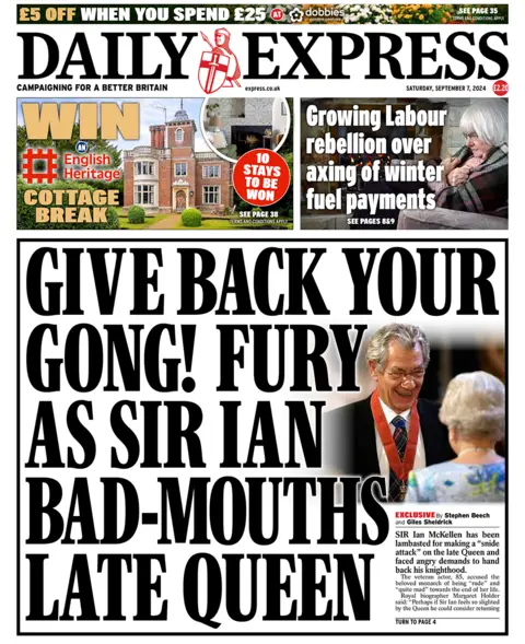 The Daily Express headlines reads "Give backmost  your gong! Fury arsenic  Sir Ian bad-mouths precocious   Queen"