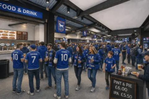 Hoopers Architects An artist's impression of Ipswich Town fans, all wearing blue replica shirts in a concourse area. There are food and drink kiosks on both sides of a floor area, which extends along the bottom of a stand.