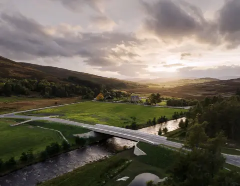 Simon Kennedy Gairnshiel Jubilee Bridge - the bridge in a landscape shot of hills and the river