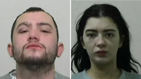 Mugshots of McCloud and Gray. He has short dark hair and stubble, she has long black hair. Both are wearing grey jumpers.