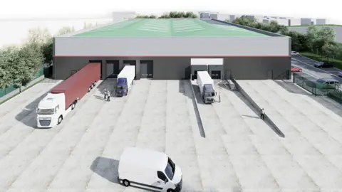A CGI image of the planned new Royal British Veterans Enterprise factory in Aylesford, Kent. There are lorries and vans seen in the image. 