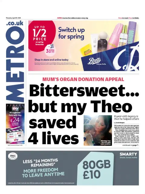 The headline on the front page of the Metro reads: "Bittersweet... but my Theo saved four lives."