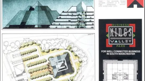 MHA Architects Architectural drawings showing an overhead view of the Stockport pyramid, as well as a sectional sketch showing the interior of the building, alongside a promotional message for 'Kings Valley Business Park'.