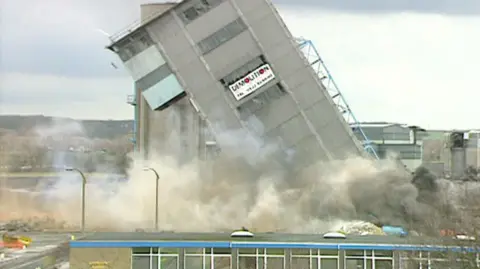 The headstocks of Cotgrave Colliery are brought down in a controlled demolition