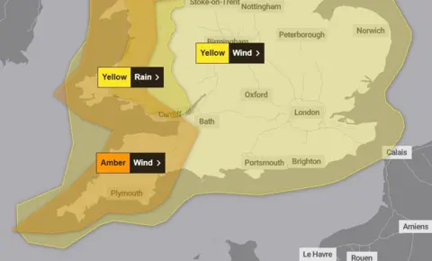 UK Met Office A map of England and Wales, showing areas under yellow and amber warnings from the Met Office for a risk of strong winds later Friday and on throughout Saturday. Currently the warning for this storm, named Darragh, covers all of England and Wales.