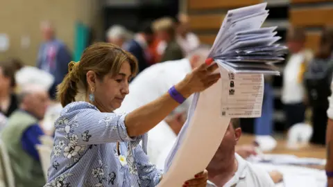 Jack Taylor/Reuters A woman at an election count holding up a batch of voting papers, which are about three feet long.