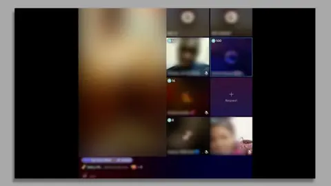 A dancer on the left hand side of the TikTok screen and users who are watching the livestream in boxes on the right hand side of the screen - all are blurred for privacy reasons 