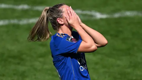 Leicester's Heather Payne reacts at full-time