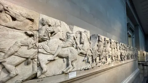 Jeff Overs/BBC Picture shows section of contested Parthenon Sculptures, which were removed from Ottoman Greece to Britain by the seventh Earl of Elgin, and are now in the British Museum