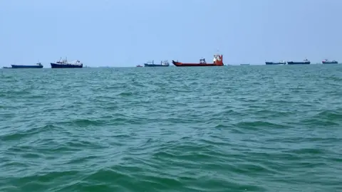 Jack Garland / BBC At least 10 large ships out at sea. The water is a bit choppy and the sky is blue.