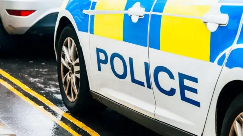 A stock image of a police car parked on a double yellow line - the car is visible up to the door handles.