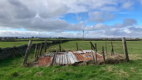 Wooden fences posts and barbed wire surrounding an area in a field covered in rusting corrugated metal sheets