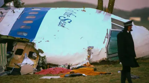 A police offer stands next to the wrecked cockpit of a passenger jet. It is lying on its side in a field.